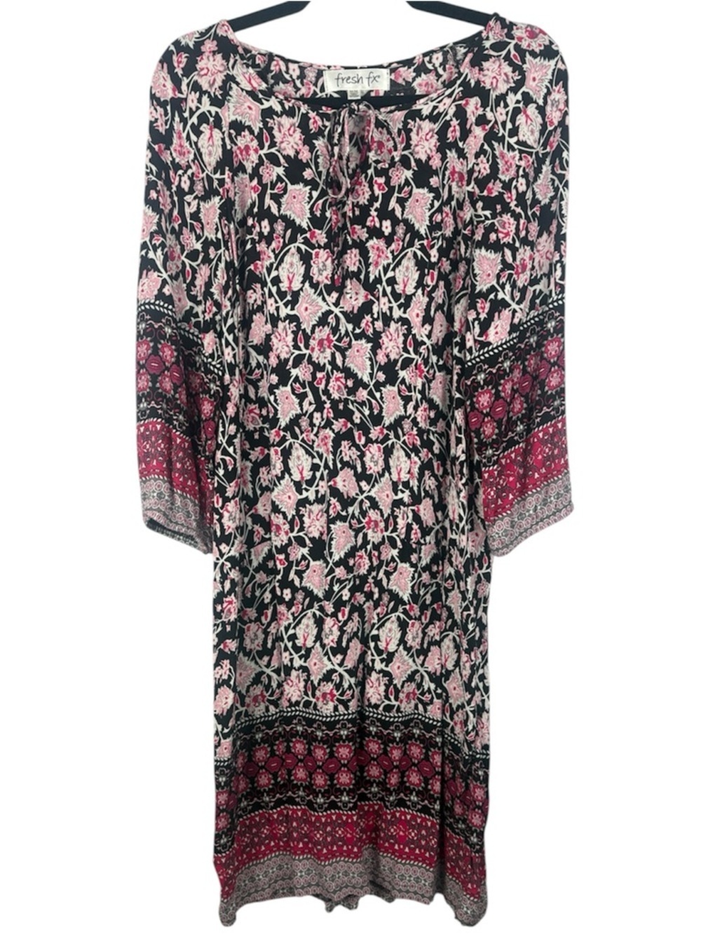 Fresh FX Boho Paisley Floral Long Sleeve Shift Dress - Pink & Black Size Medium
